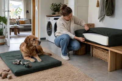 Eigenaar verwijdert een groene hondenmandhoes in een Nederlandse bijkeuken terwijl de hond ernaast wacht