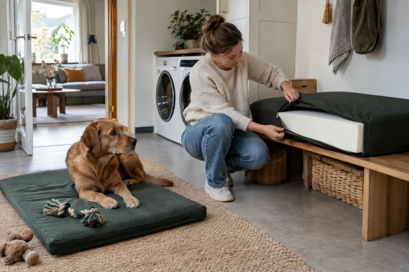 Eigenaar verwijdert een groene hondenmandhoes in een Nederlandse bijkeuken terwijl de hond ernaast wacht